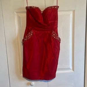 Red Strapless Prom Dress With Pockets